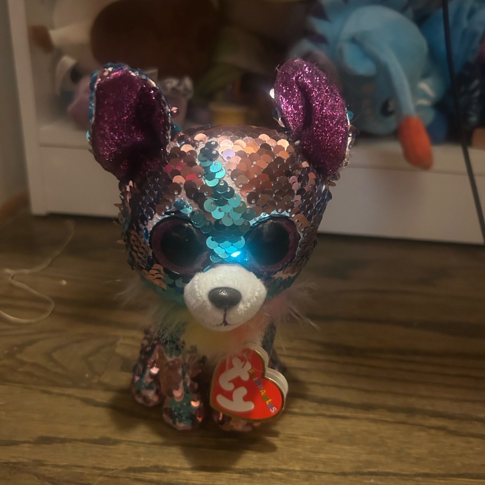 Sequin beenie boo Dog Plush with Purple and Blue Accents
